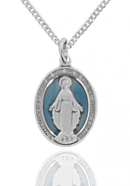 Women's Sterling Silver Oval Blue Enamel Miraculous Medal - 18" 1.8mm Sterling Silver Chain + Clasp