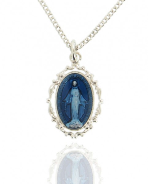 Women's Sterling Silver Oval Dark Blue Enamel Miraculous Medal with Baroque Border - 18" 2.1mm Rhodium Plate Chain + Clasp