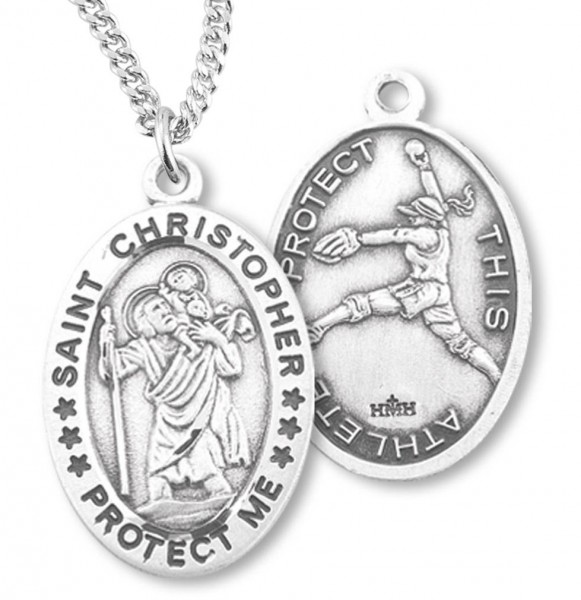 Women's Sterling Silver Saint Christopher Softball Oval Necklace - 20" 1.8mm Sterling Silver Chain + Clasp