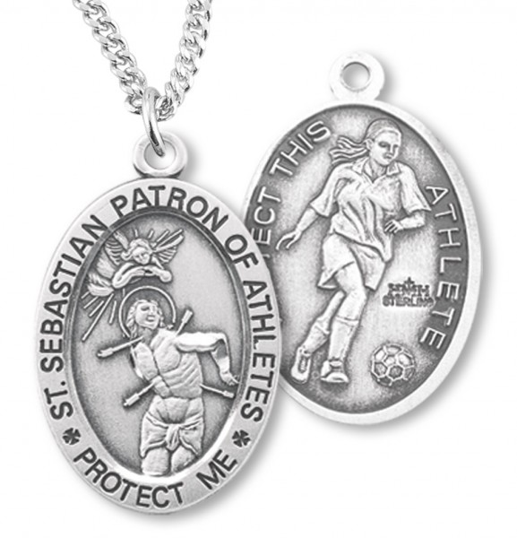 Women's Sterling Silver Saint Sebastian Soccer Oval Necklace - 20" 1.8mm Sterling Silver Chain + Clasp
