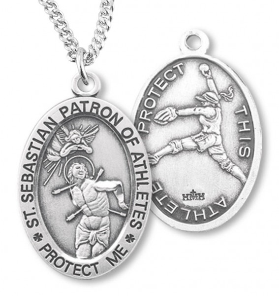 Women's Sterling Silver Saint Sebastian Softball Oval Necklace - 20" 2.2mm Stainless Steel Chain with Clasp