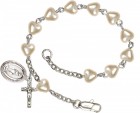 First Communion Silver Plated Charm Bracelet with 5mm Heart Shaped Faux Pearl Beads