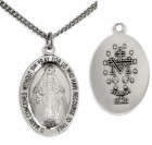 Unisex Sterling Silver Oval Miraculous Pendant 20 Inch Rhodium Plated Stainless Steel Curb Chain