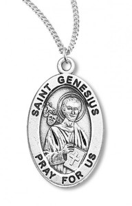 Boy's St. Genesius Necklace Oval Sterling Silver with Chain [HMR1145]